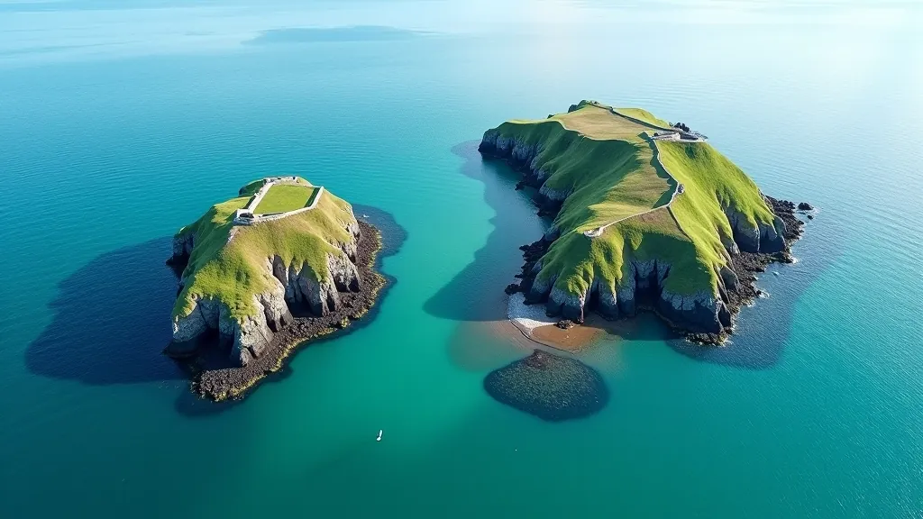Aerial view of two rocky islands surrounded by turquoise water with seabirds flying overhead