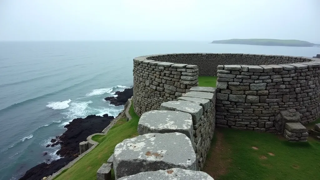 Ancient stone walls and fortifications along Wexford coastline with sea view