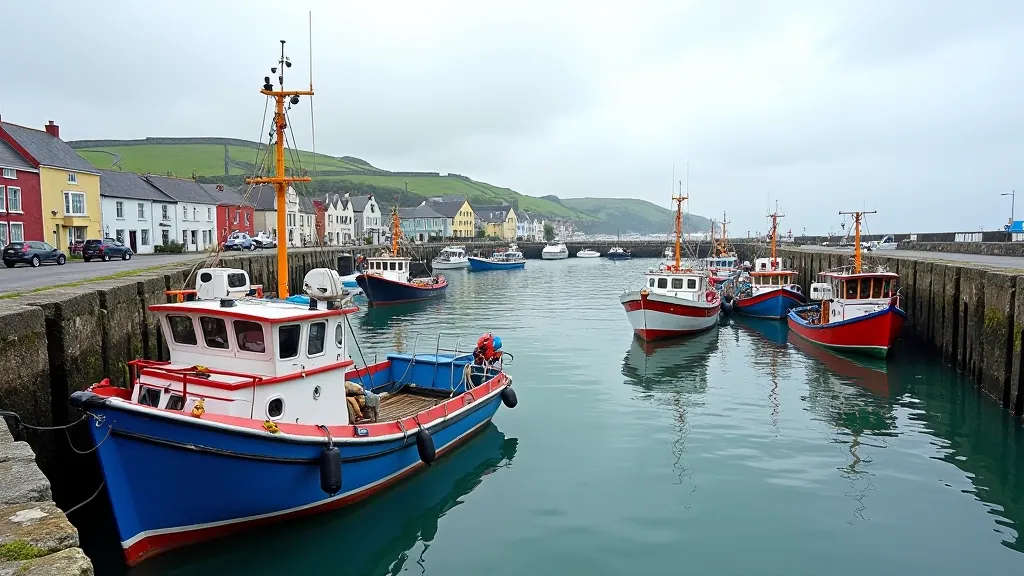 Picturesque fishing village harbor with traditional boats and coastal scenery, Kilmore Quay, Wexford