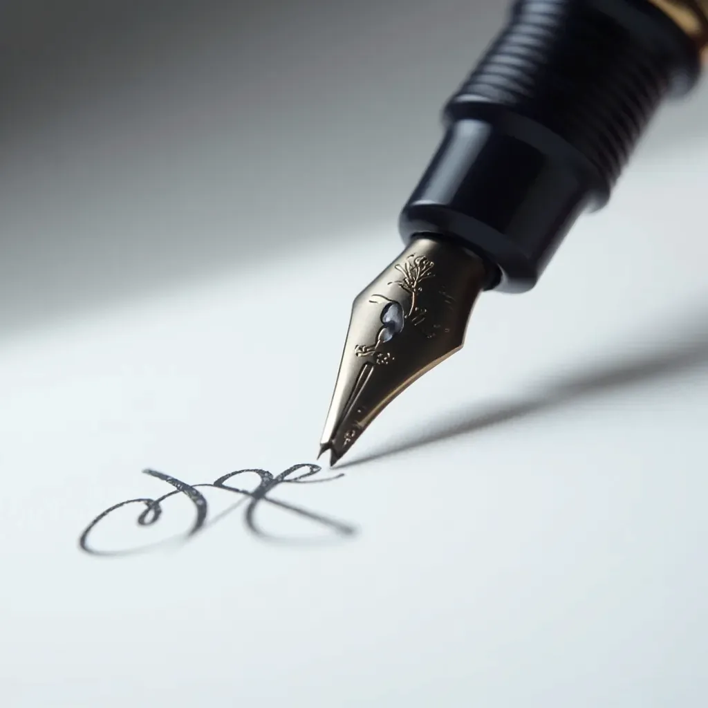 Close-up of deep blue fountain pen nib on white paper with smooth ink line, sharp detail, natural lighting