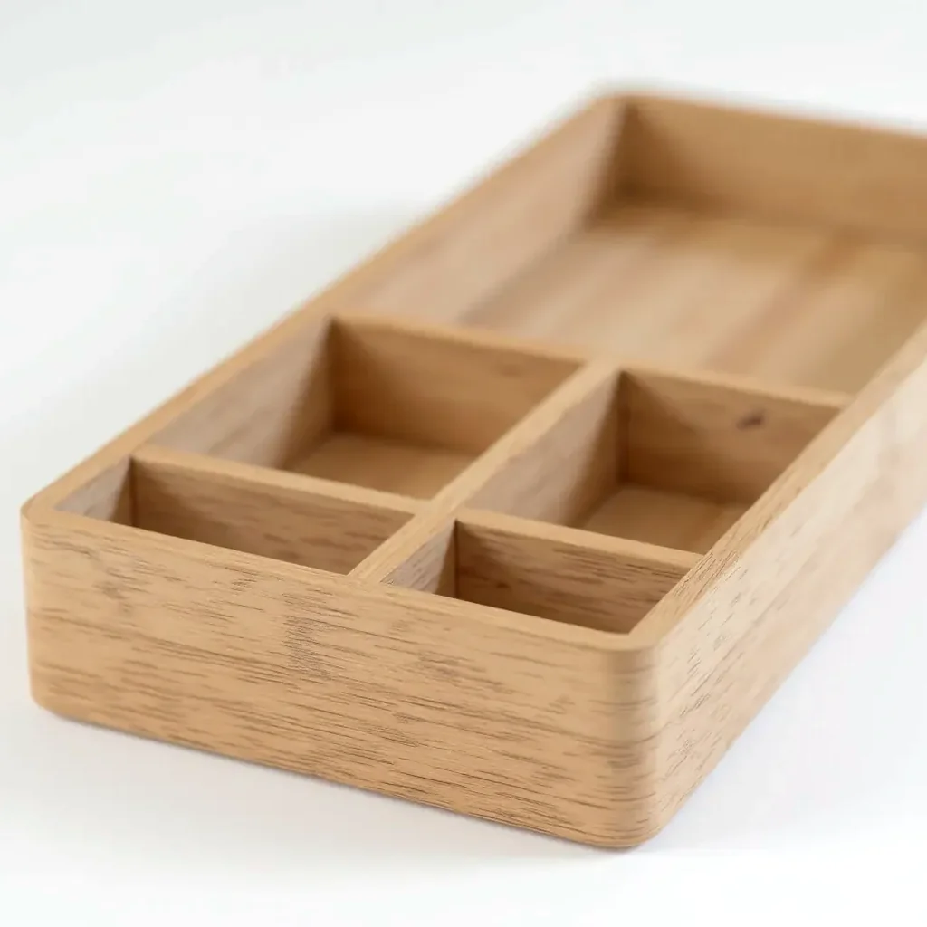 Wooden desk organizer with detailed view of divider mechanism, showing how compartments adjust, close-up of wood grain and finish quality