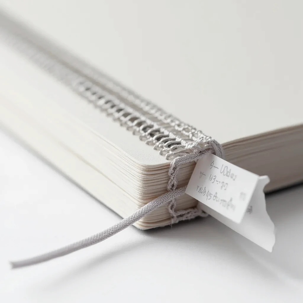 Close-up product shot showing notebook spine with elastic closure, ribbon bookmark, and stencil guide detail, studio lighting