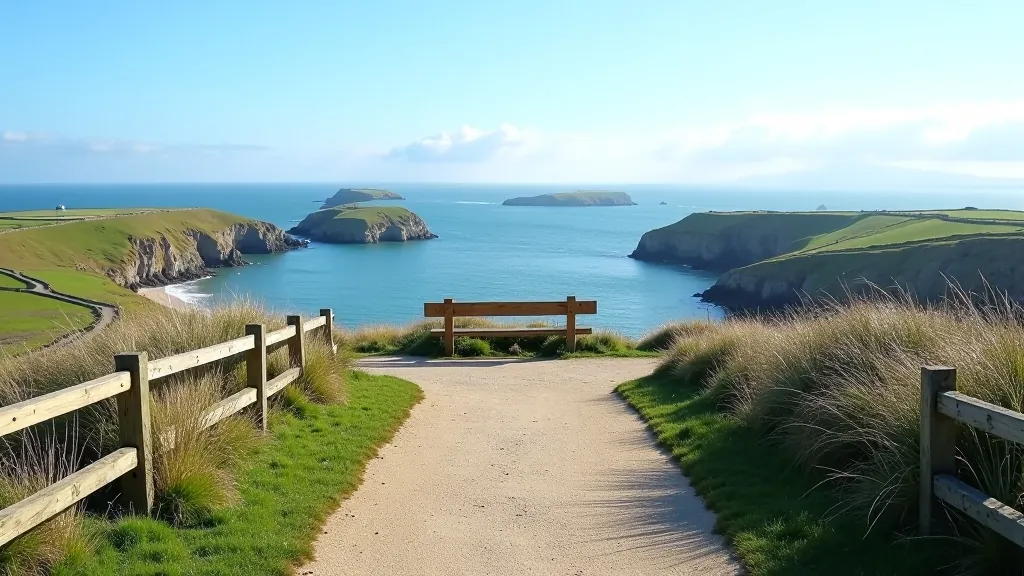 Elevated coastal viewpoint showing Saltee Islands in the distance with walking path and benches