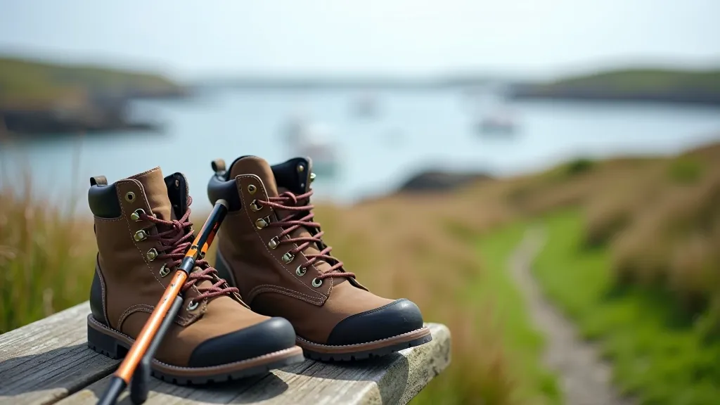 Comfortable hiking boots and walking poles resting on a bench with coastal landscape