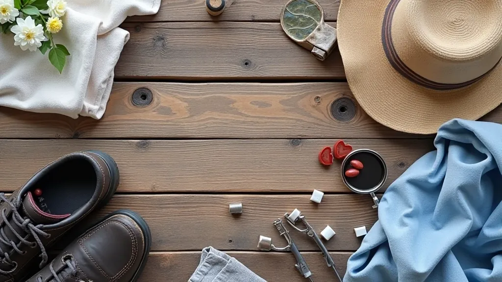 Walking boots and comfortable outdoor clothing laid out on wooden surface for harbour walk preparation