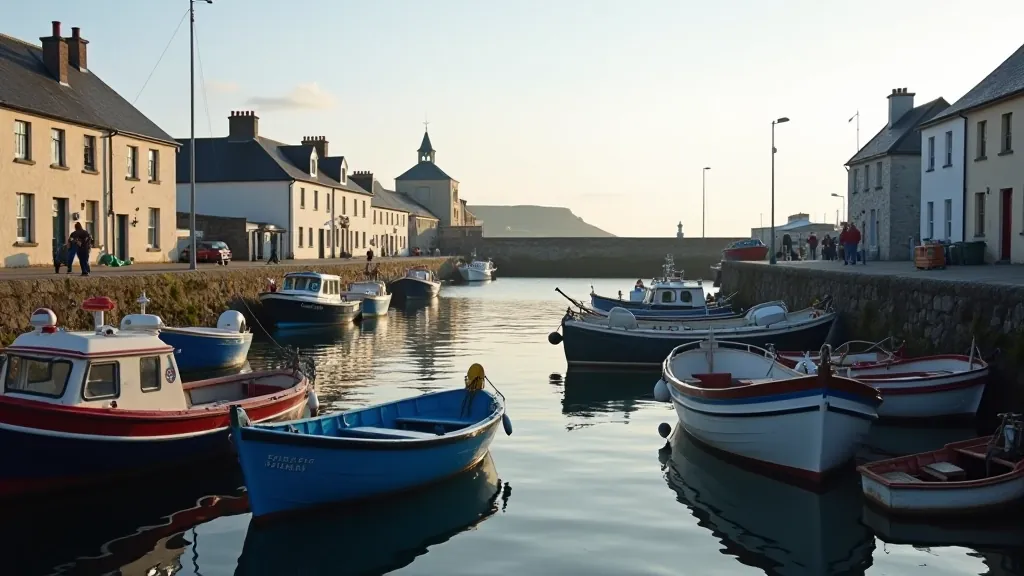 Traditional fishing boats moored at Kilmore Quay harbour with historic thatched cottages in background