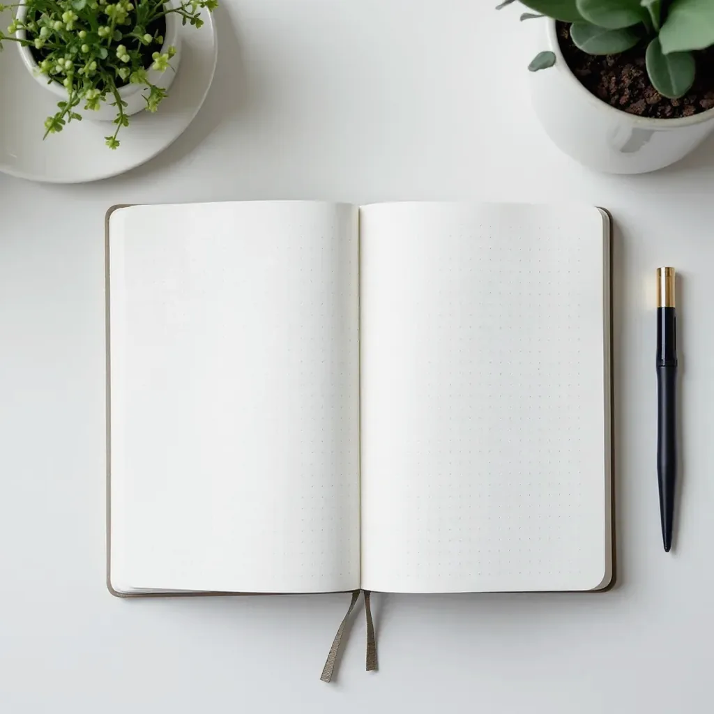 Flat-lay overhead shot of dotted notebook open showing grid pattern with sample bullet journal layout, natural window lighting