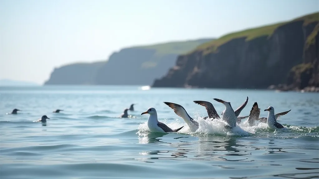 Flock of seabirds diving into water with dramatic coastal cliffs in background