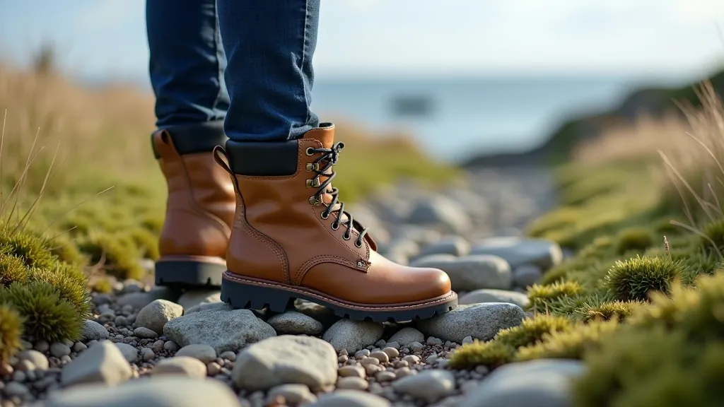 Close-up of hiking boot on rocky uneven ground with grass and moss