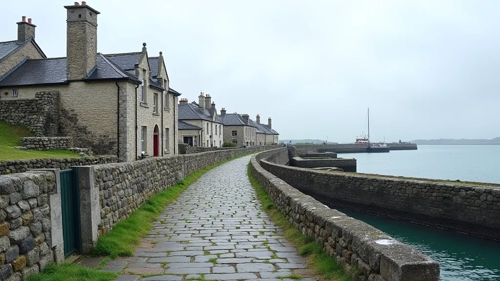 Historic harbour buildings and maritime structures along Wexford coastline, stone architecture and seawalls, historical character