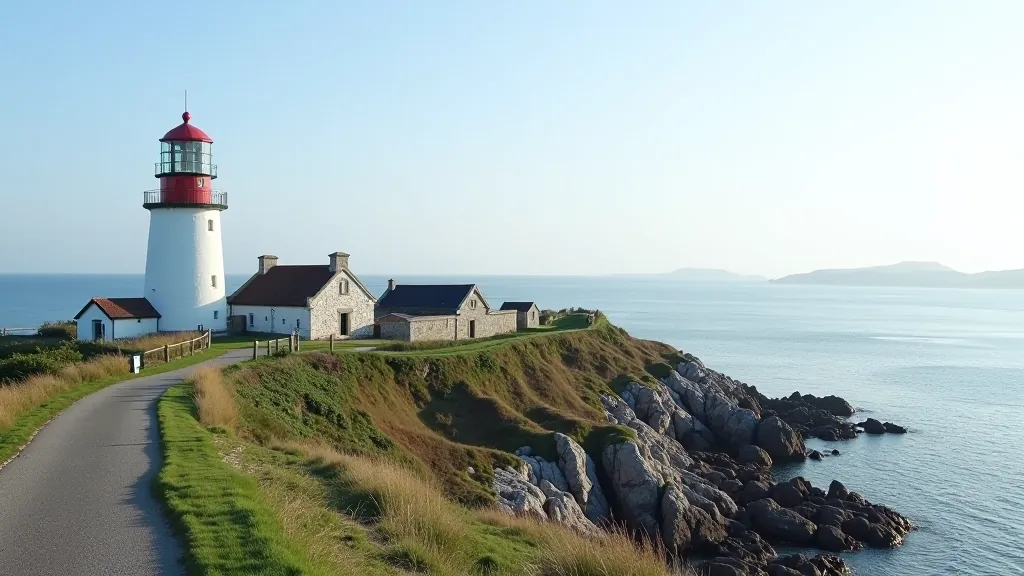 Historic lighthouse standing on rocky headland with weathered stone buildings nearby