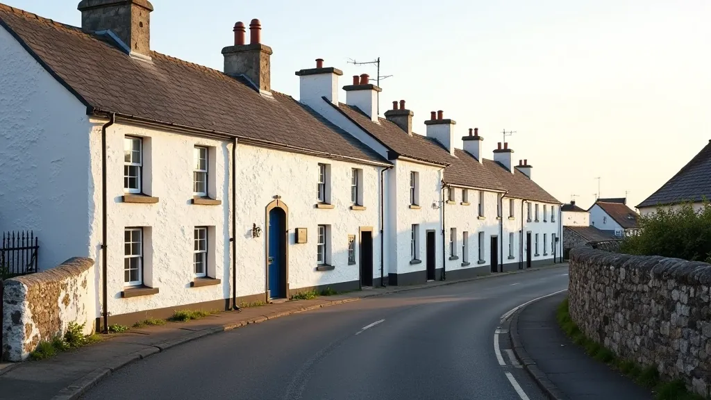 Historic whitewashed buildings and cottages at Kilmore Quay village street with traditional architecture