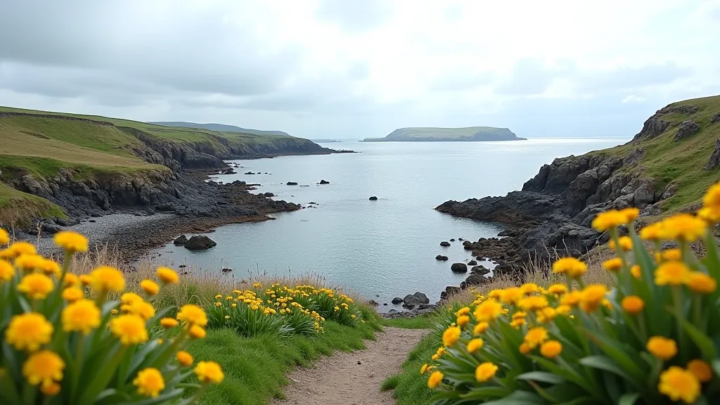 Coastal landscape with rocky shoreline, wildflowers, and dramatic Irish Sea scenery