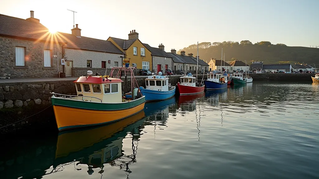 Historic Kilmore Quay harbour with traditional fishing cottages and boats in morning light