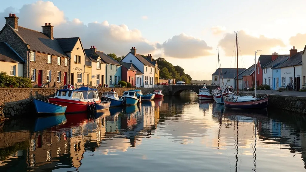 Kilmore Quay fishing village with colourful boats and stone cottages reflected in calm water, golden hour light