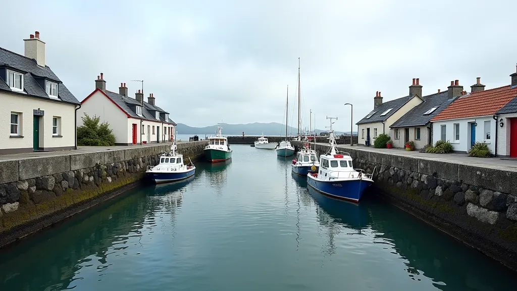 Kilmore Quay harbour with fishing boats and traditional cottages