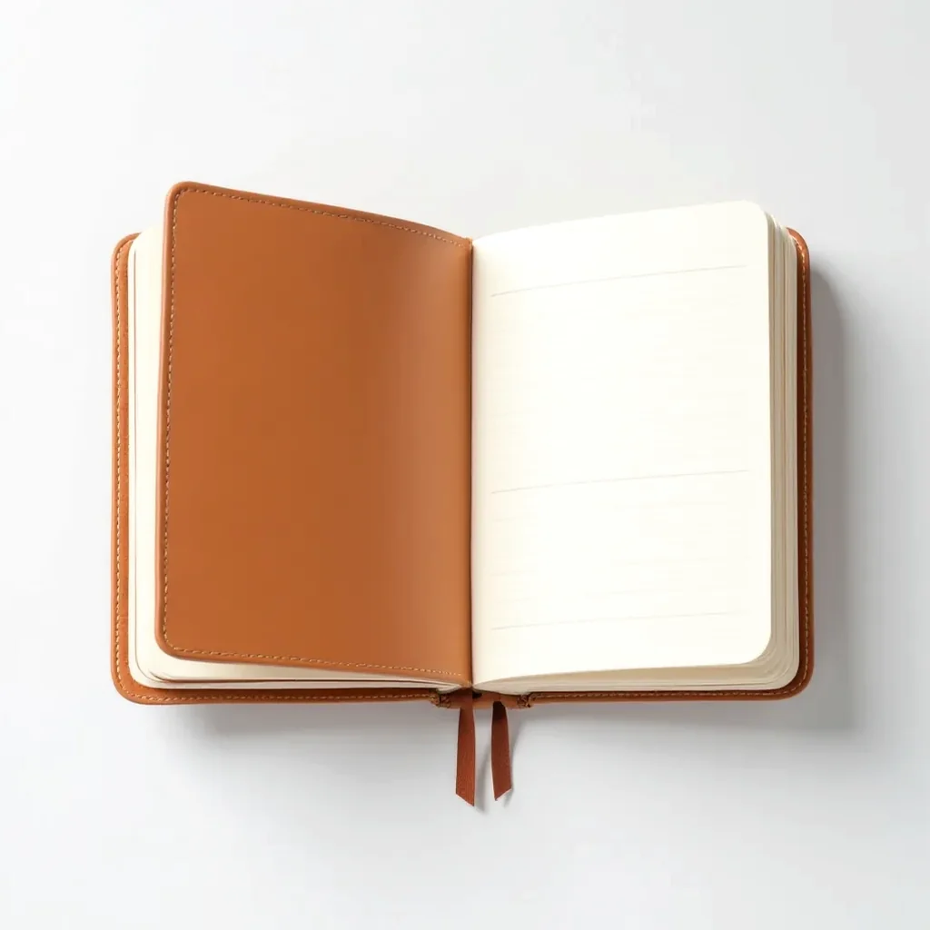 Cognac leather-bound study journal A5 size with elastic band closure and ribbon bookmark, displayed open showing ruled pages
