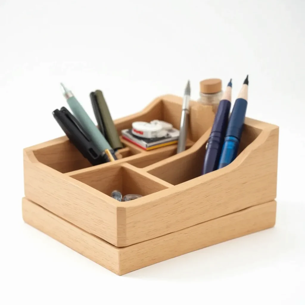 Sustainable oak wood desk organizer with adjustable compartments for pens and notebooks