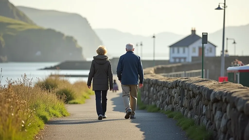 Visitors walking along the harbour pathway at Kilmore Quay with clear views across the water