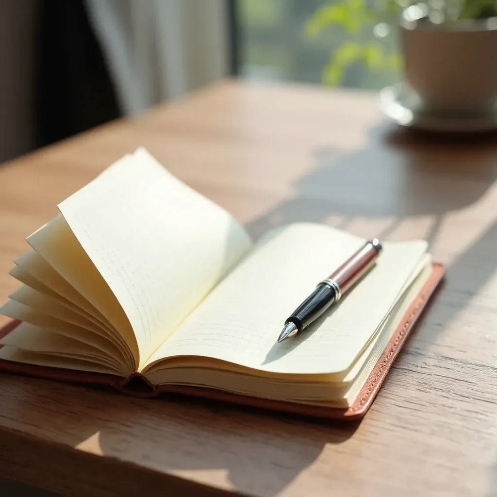 Open leather-bound study journal showing thick ruled pages with gray grid pattern, fountain pen resting on page, natural daylight