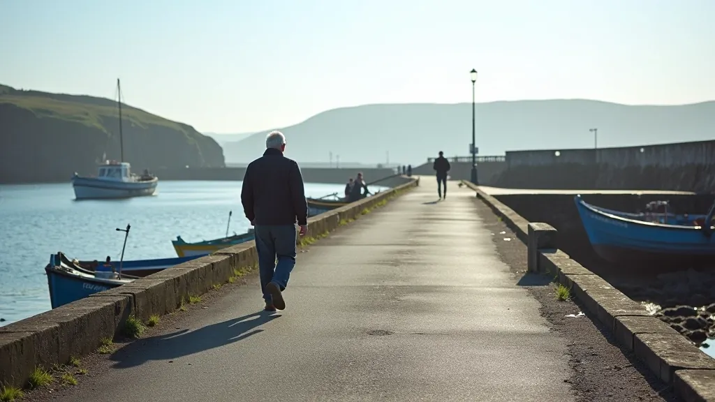 Person walking along a scenic harbour path with calm blue water, weathered fishing boats moored nearby, morning light, peaceful coastal setting