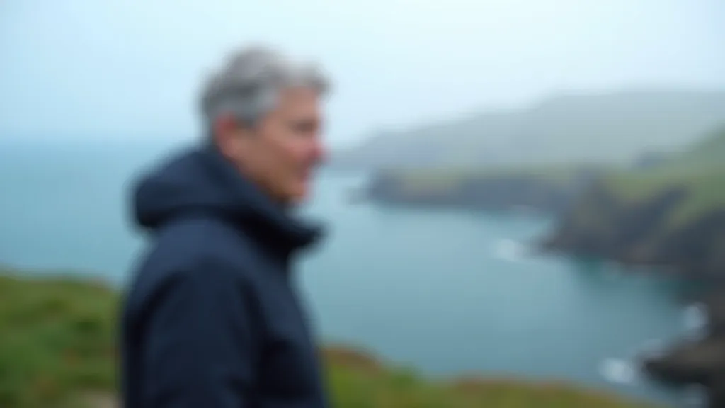 Person wearing layered clothing and windproof jacket standing at coastal overlook, blue water and sky in background, typical Irish harbour weather