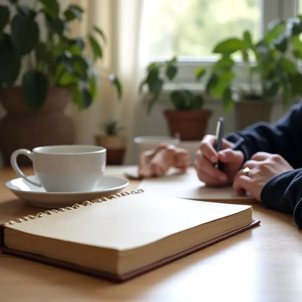 Person writing in leather-bound journal at wooden study desk with coffee cup and plants, natural window lighting, overhead perspective