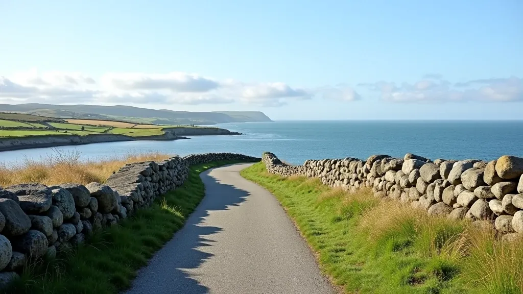 Scenic coastal path with stone walls and distant island views on a clear day