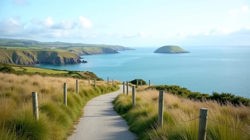 Scenic coastal viewpoint with Saltee Islands visible in the distance across blue water, hiking path leading to overlook