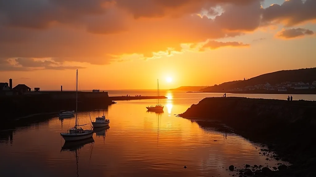 Sunset view over Wexford coastline with fishing boats silhouetted against golden sky