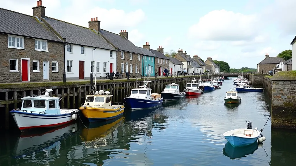 Traditional fishing boats moored in Kilmore Quay Harbour with stone buildings in background