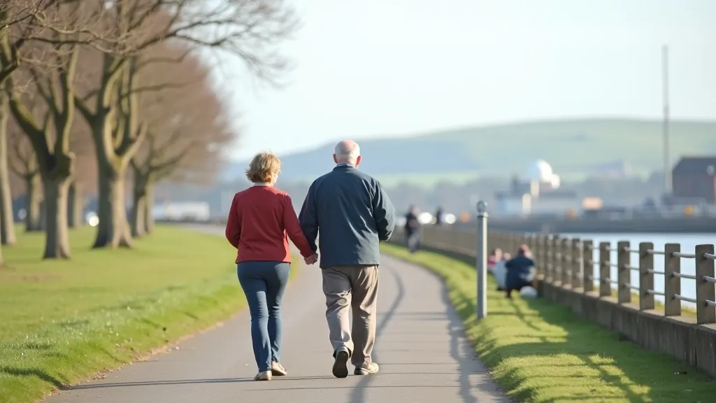 Two people walking slowly along a harbourside promenade, relaxed pace, enjoying the scenery, natural daylight, peaceful atmosphere