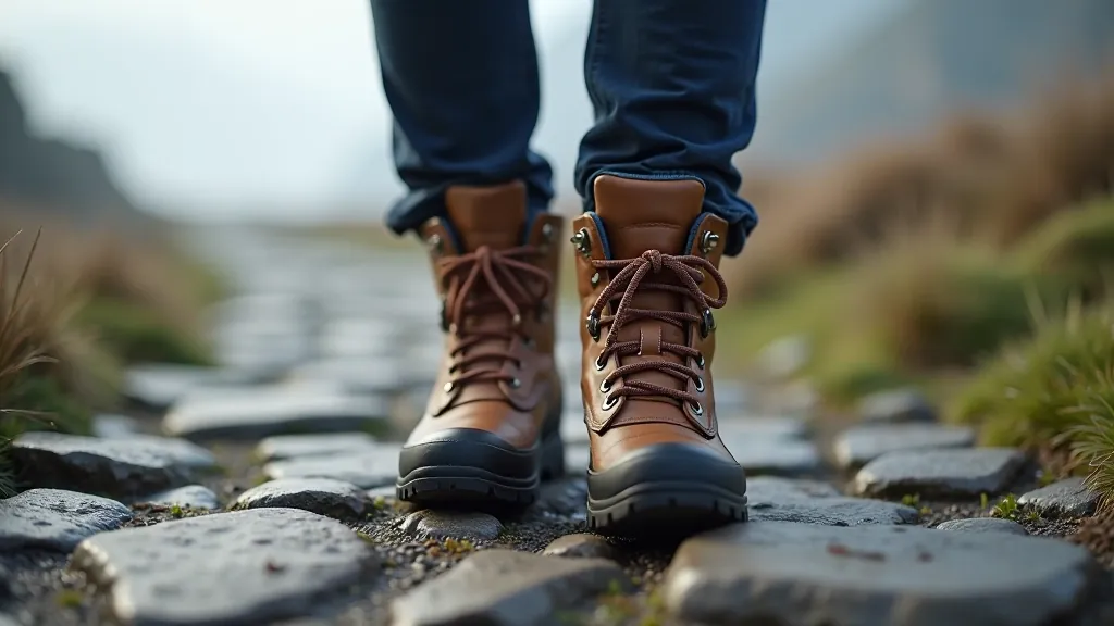 Close-up of waterproof walking boots on a coastal stone path, morning dew visible, clear focus on shoe design and texture