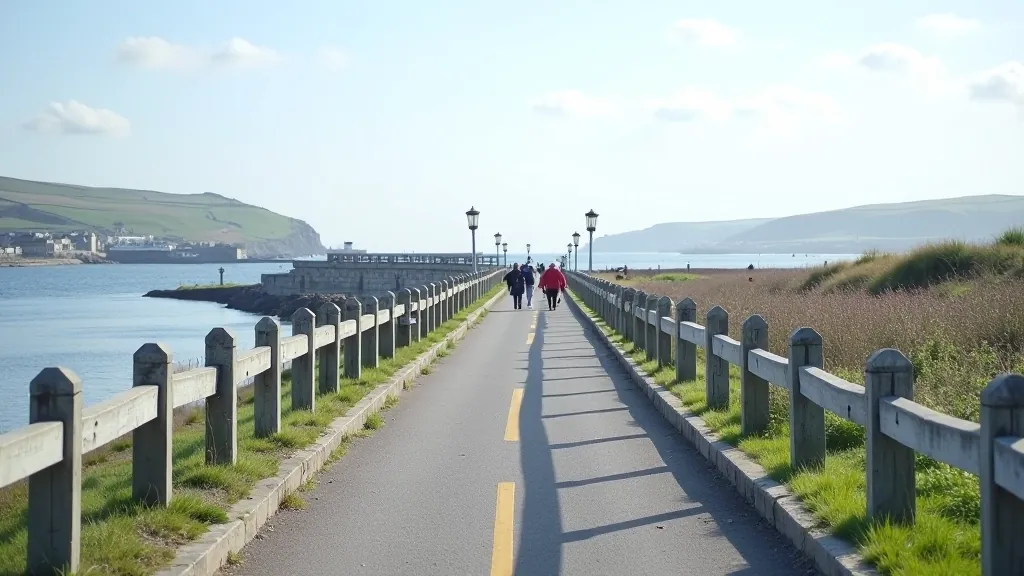 Well-maintained harbour pathway with safety railings and clear markers, accessible coastal walking route, good visibility